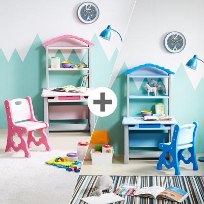 유아가구 하이지니프로 2세트 책꽂이있는 유아책상의자 / 두아이를 위한 학습 놀이공간 풀세트 / 어린이날선물, 파스텔핑크+파스텔블루